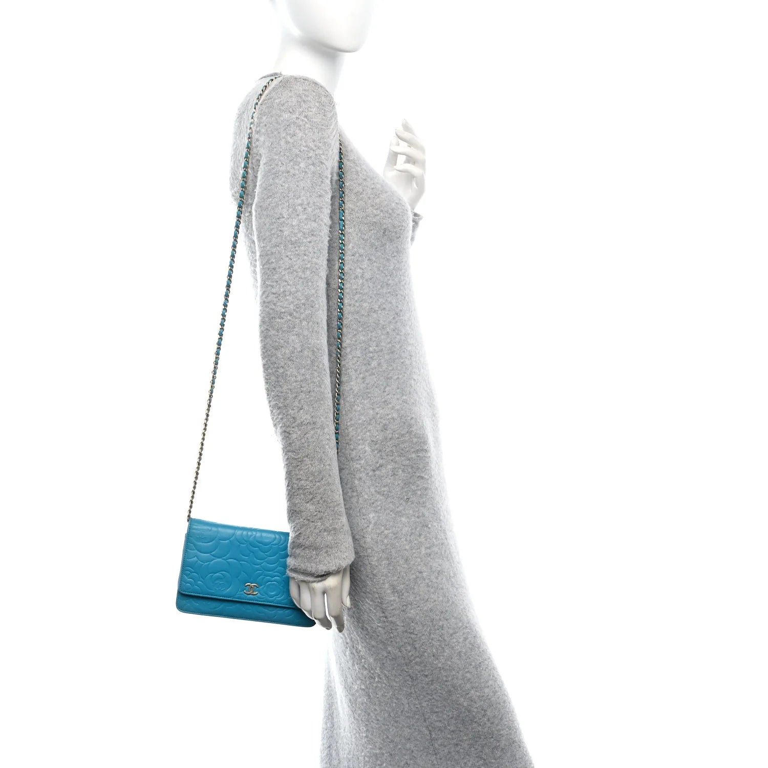 Lambskin Camellia Embossed Wallet on Chain WOC Turquoise