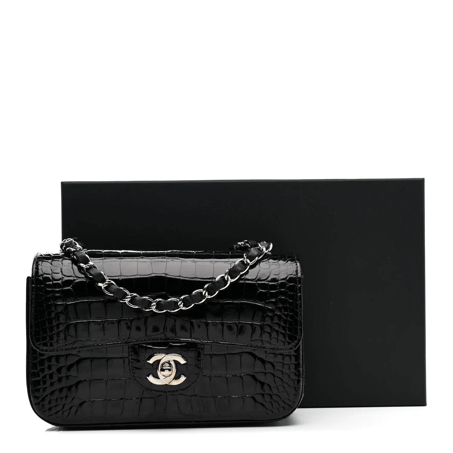 Shiny Alligator Mini Rectangular Flap Black