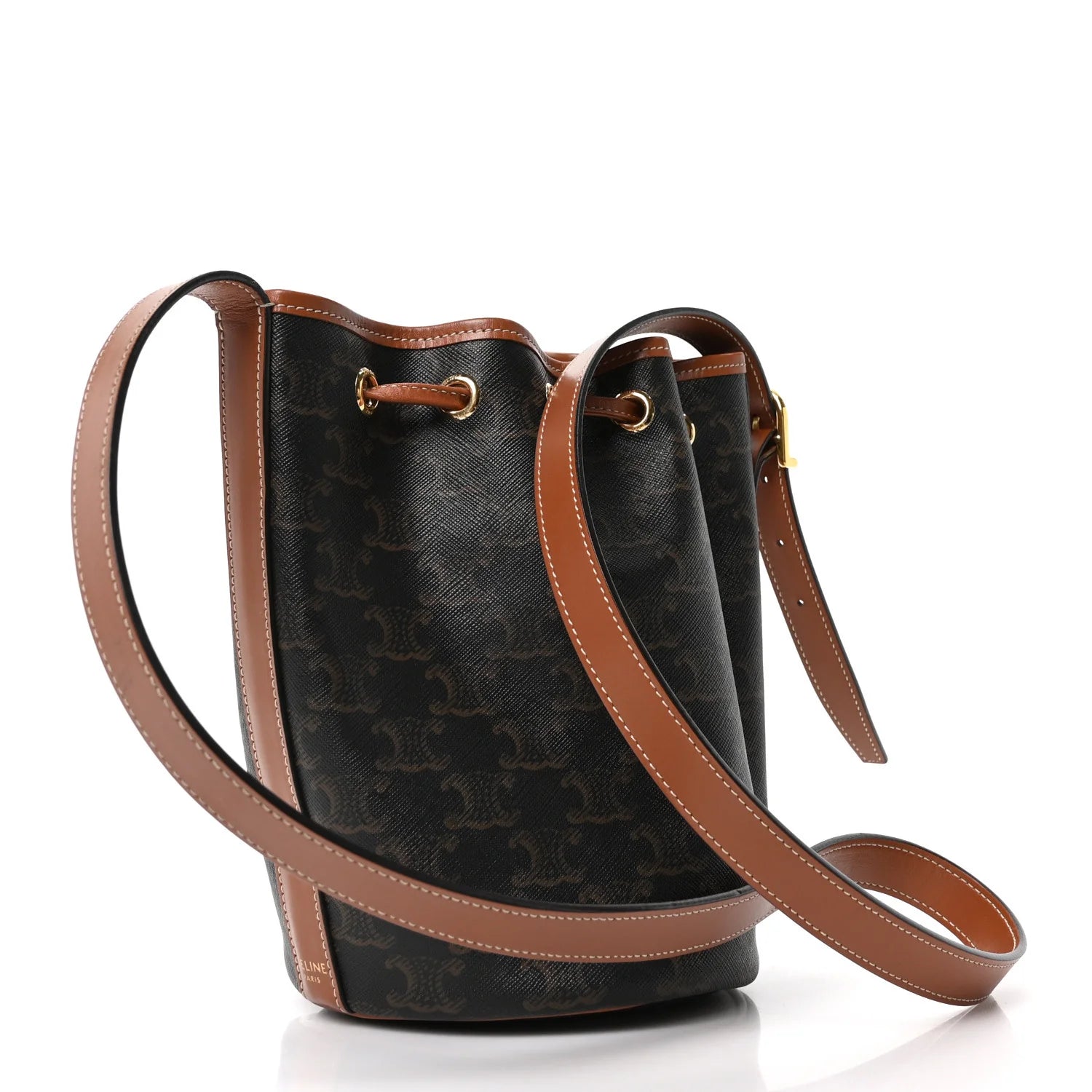 Triomphe Canvas Calfskin Small Drawstring Bucket Bag Tan