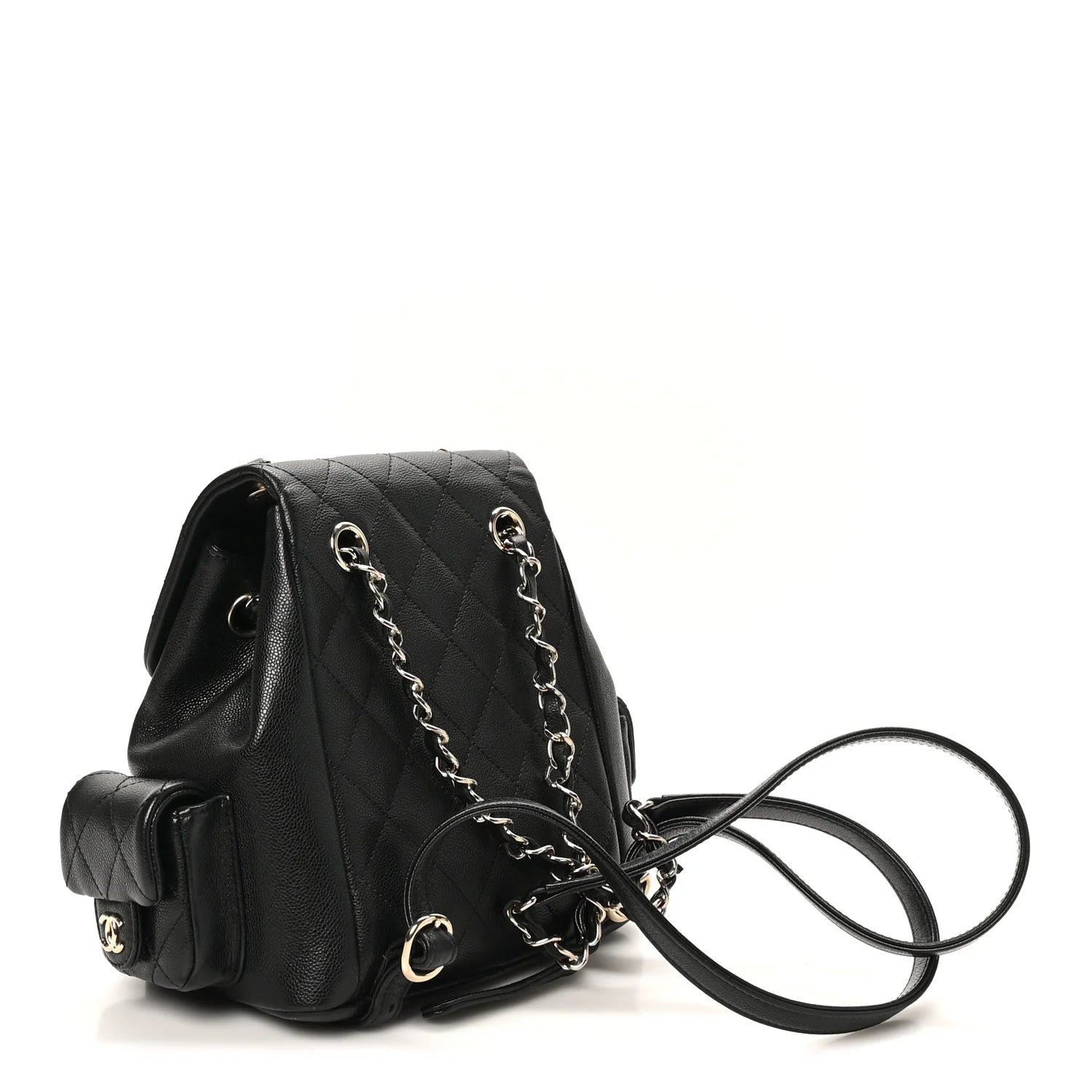 Shiny Caviar Quilted Small Pockets Drawstring Backpack Black