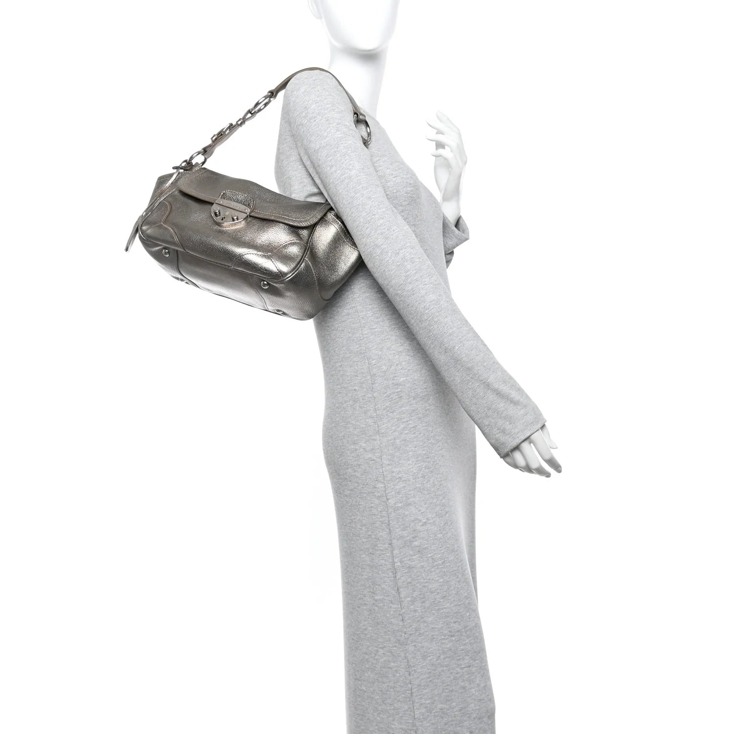 Metallic Vitello Daino Pushlock Shoulder Bag Peltro