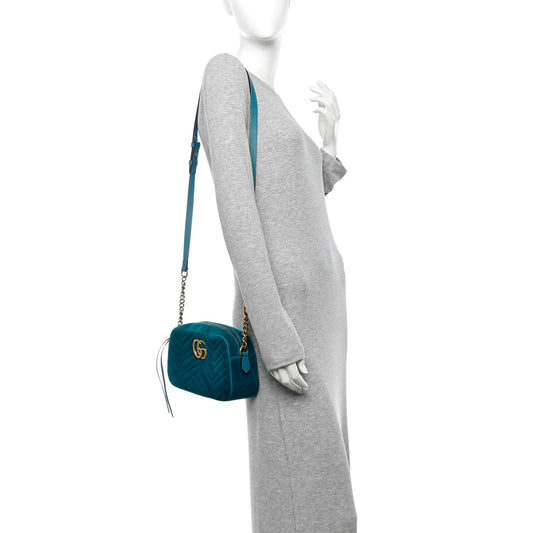Velvet Matelasse Small GG Marmont Chain Shoulder Bag Pavone Cyan