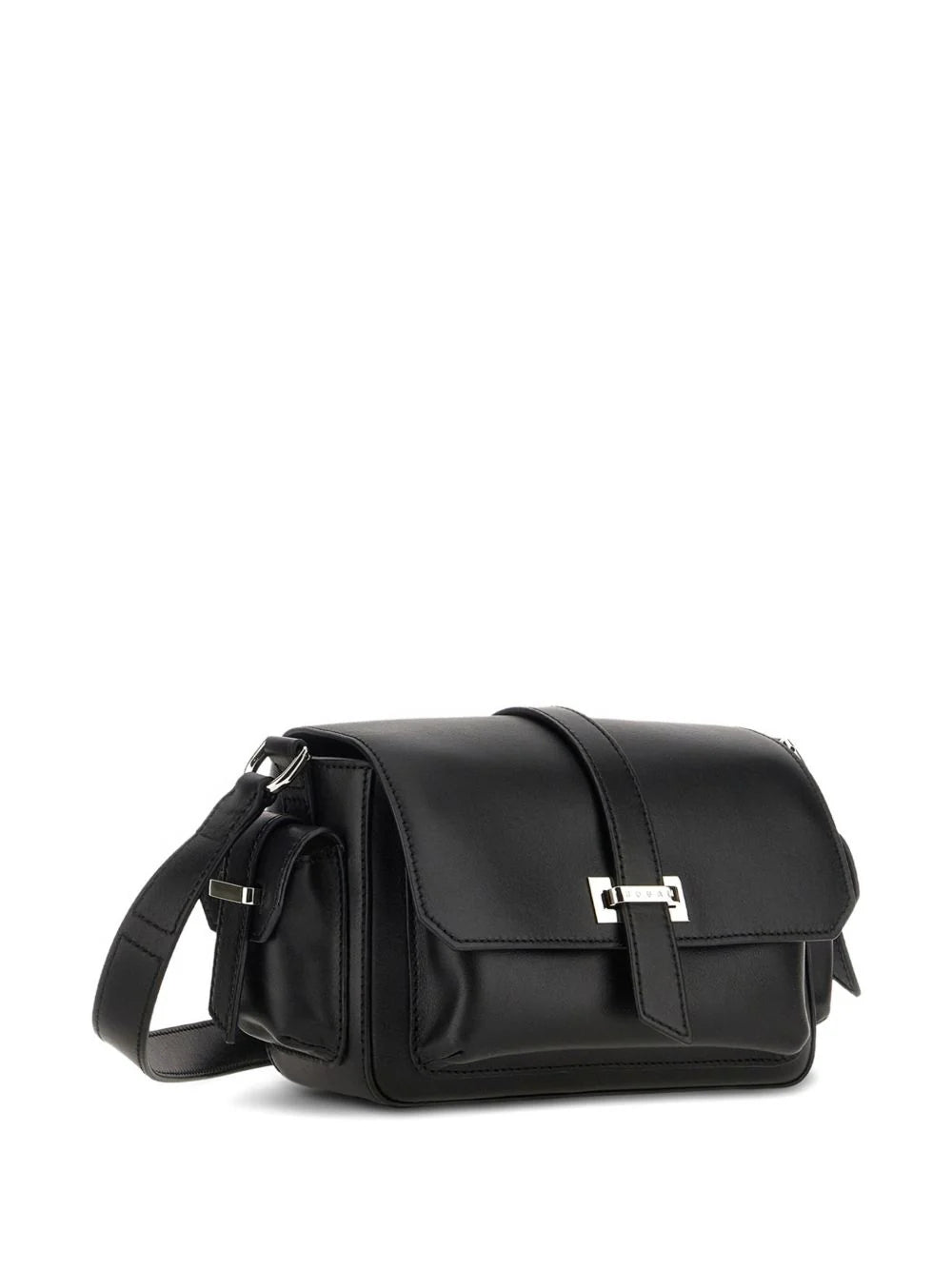 SMALL FLAP BAG in LEATHER, BLACK COLOR, VERSATILE SHOULDER STRAP, SEMI-HIDDEN FRONT POCKET and SIDE POCKETS with FLAPS and STRAPS.