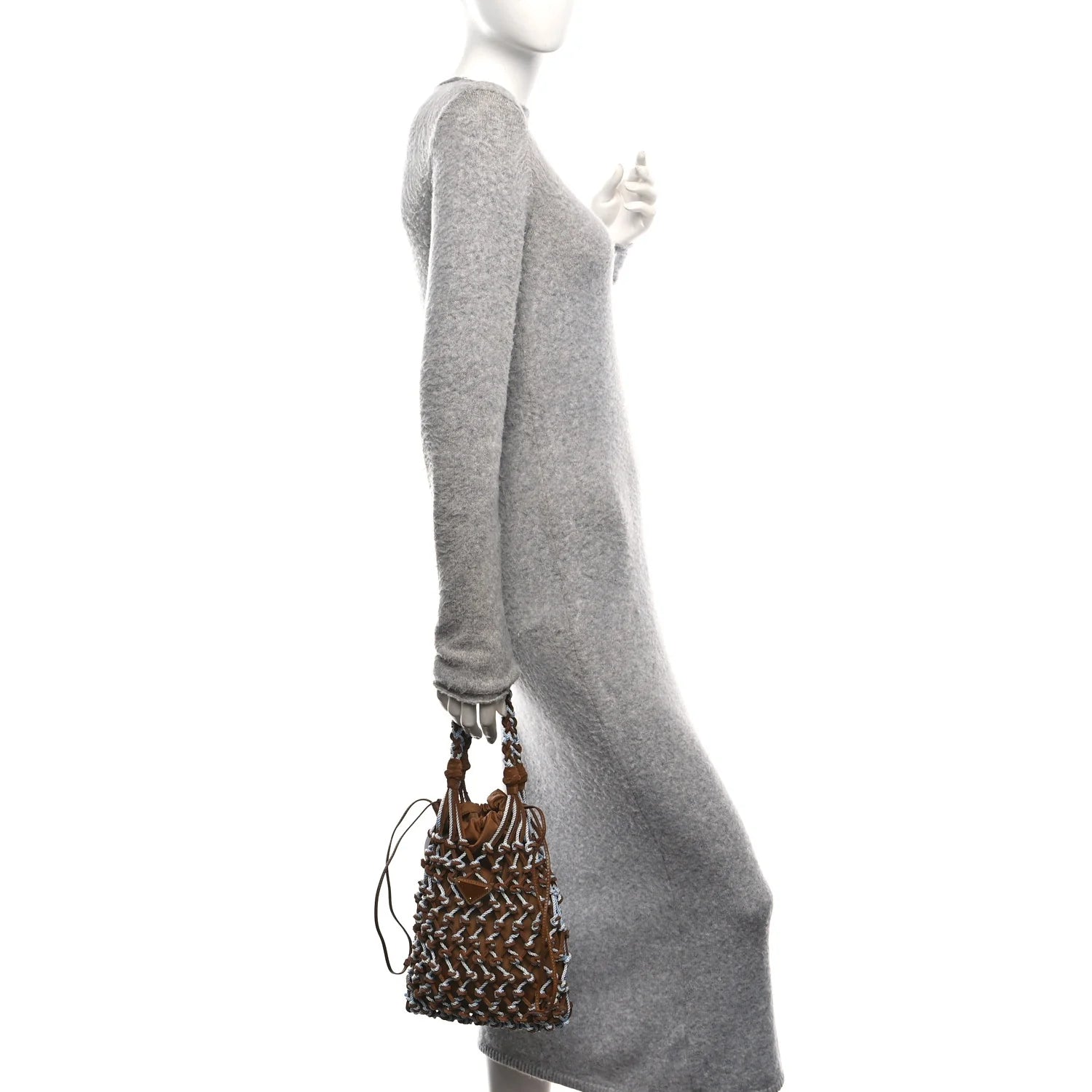 Rete Scamosciato Tessuto Macrame Small Noue Tote Cacao Celeste