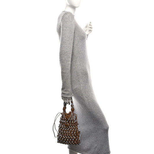 Rete Scamosciato Tessuto Macrame Small Noue Tote Cacao Celeste