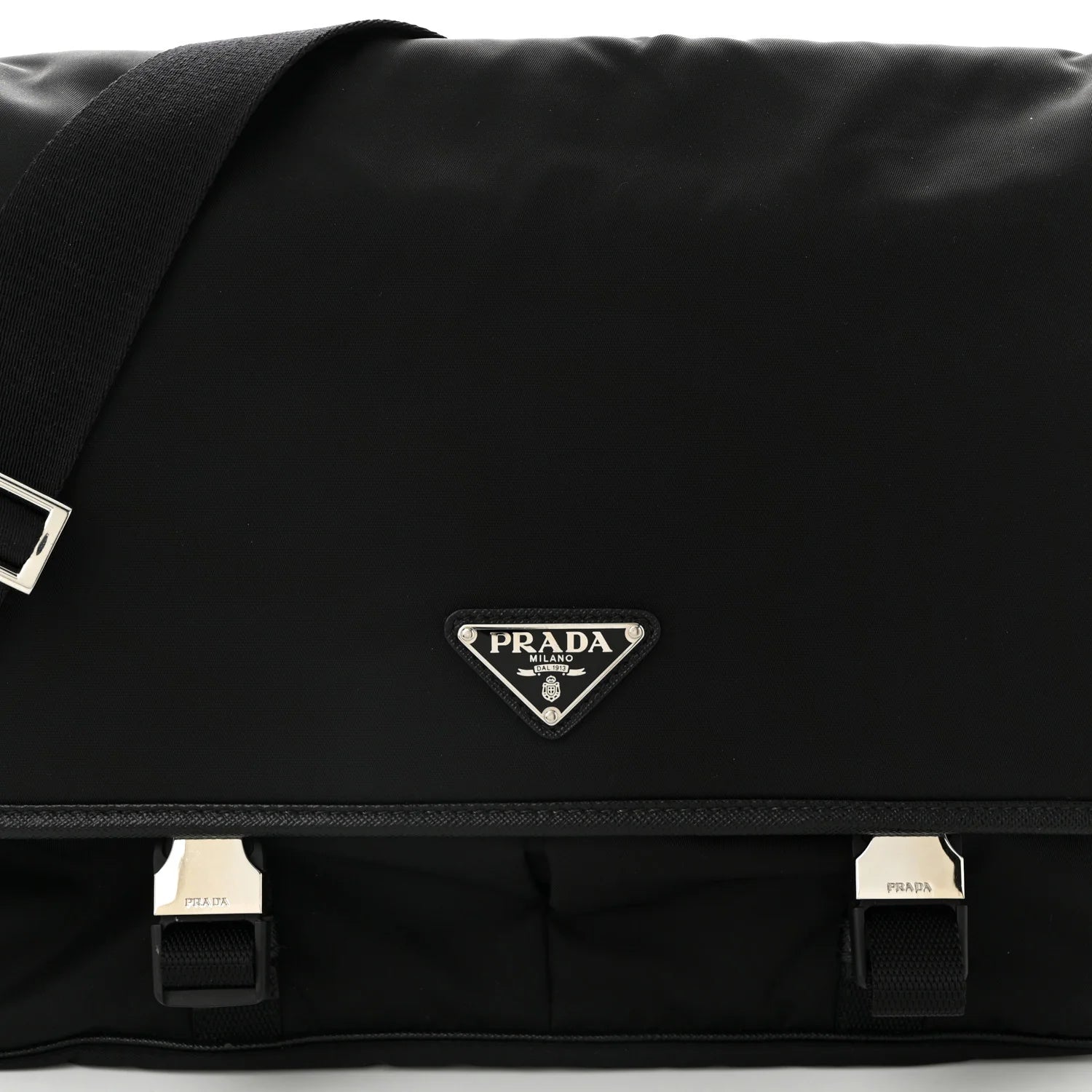 Tessuto Nylon Saffiano Large Double Snap Buckle Messenger Bag Black