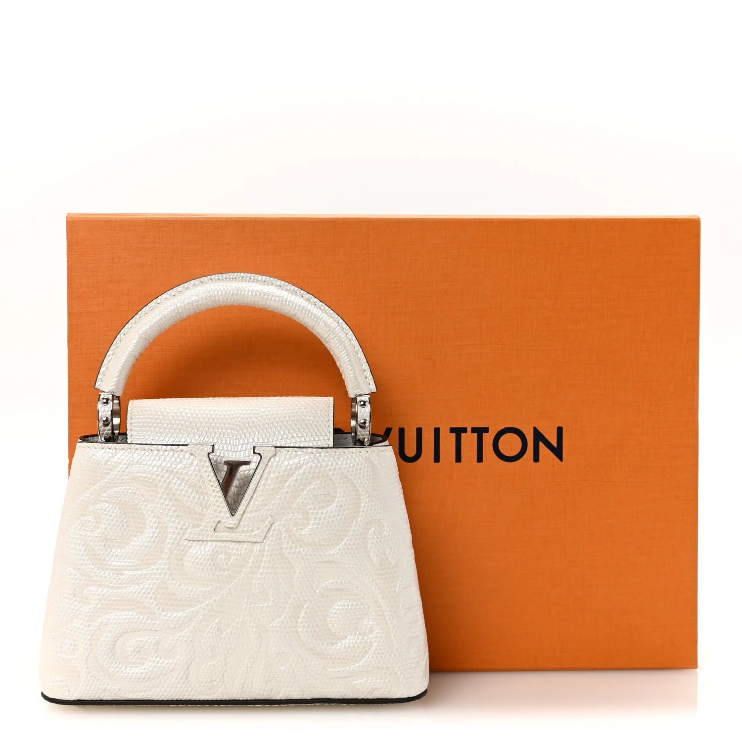 Lizard Baroque Embossed Capucines Mini Ivory Sparkle