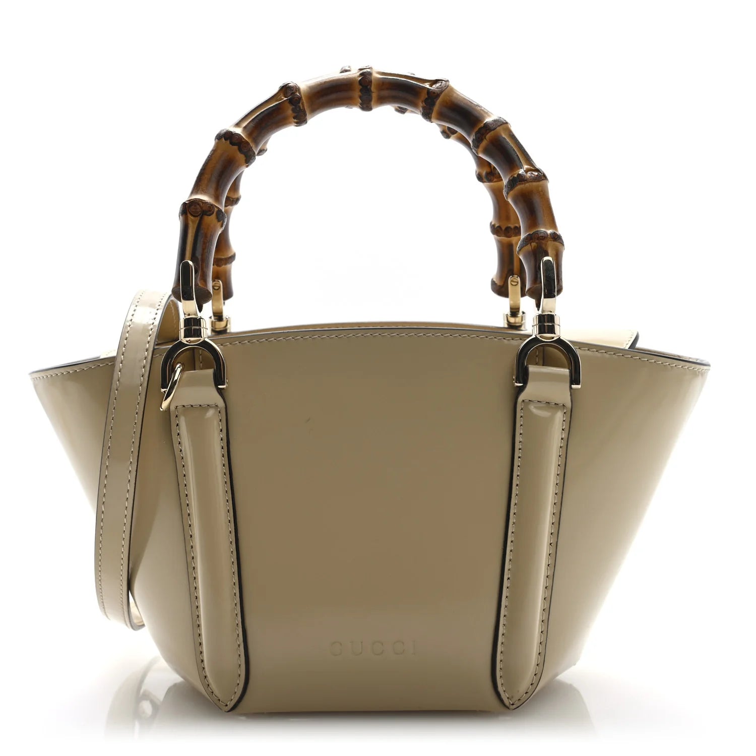 Shiny Calfskin Mini Bamboo Top Handle Tote Bag Beige