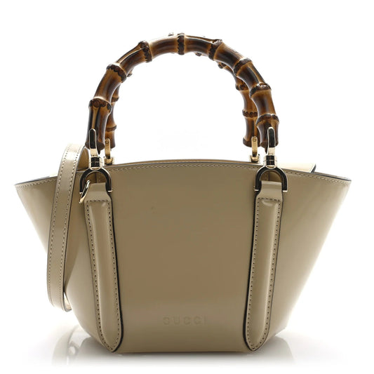 Shiny Calfskin Mini Bamboo Top Handle Tote Bag Beige