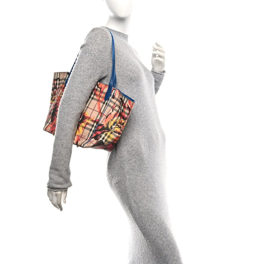 Haymarket Check Floral Print Small Canterbury Tote Mineral Blue Burnt Orange