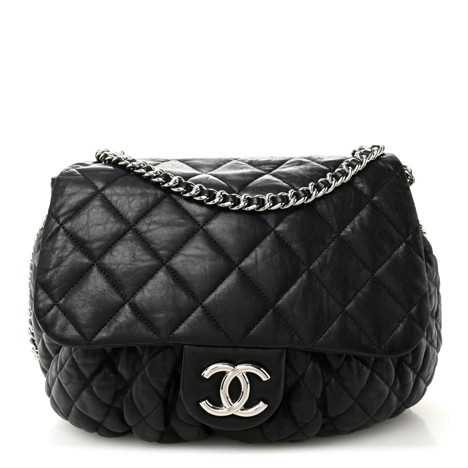 Washed Lambskin Quilted Large Chain around Messenger Black