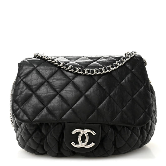 Washed Lambskin Quilted Large Chain around Messenger Black