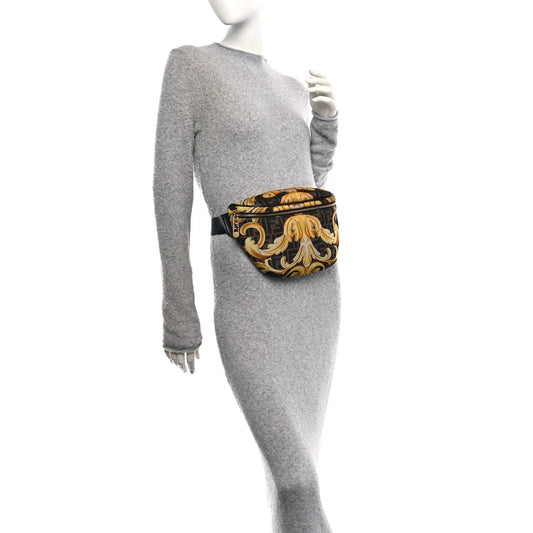 X VERSACE Nylon Cuoio Romano Fendace FF Baroque Belt Bag Black Gold