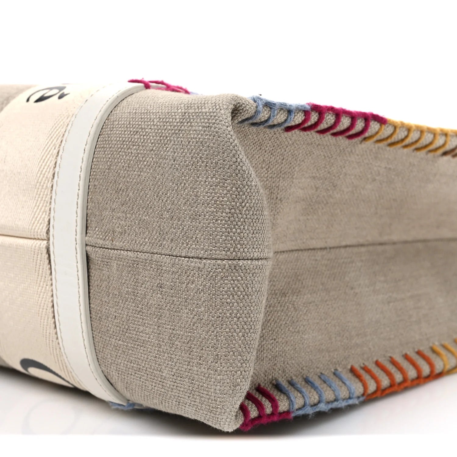 Linen Canvas Calfskin Blanket Stitched Medium Woody Ribbon Tote White Multicolor
