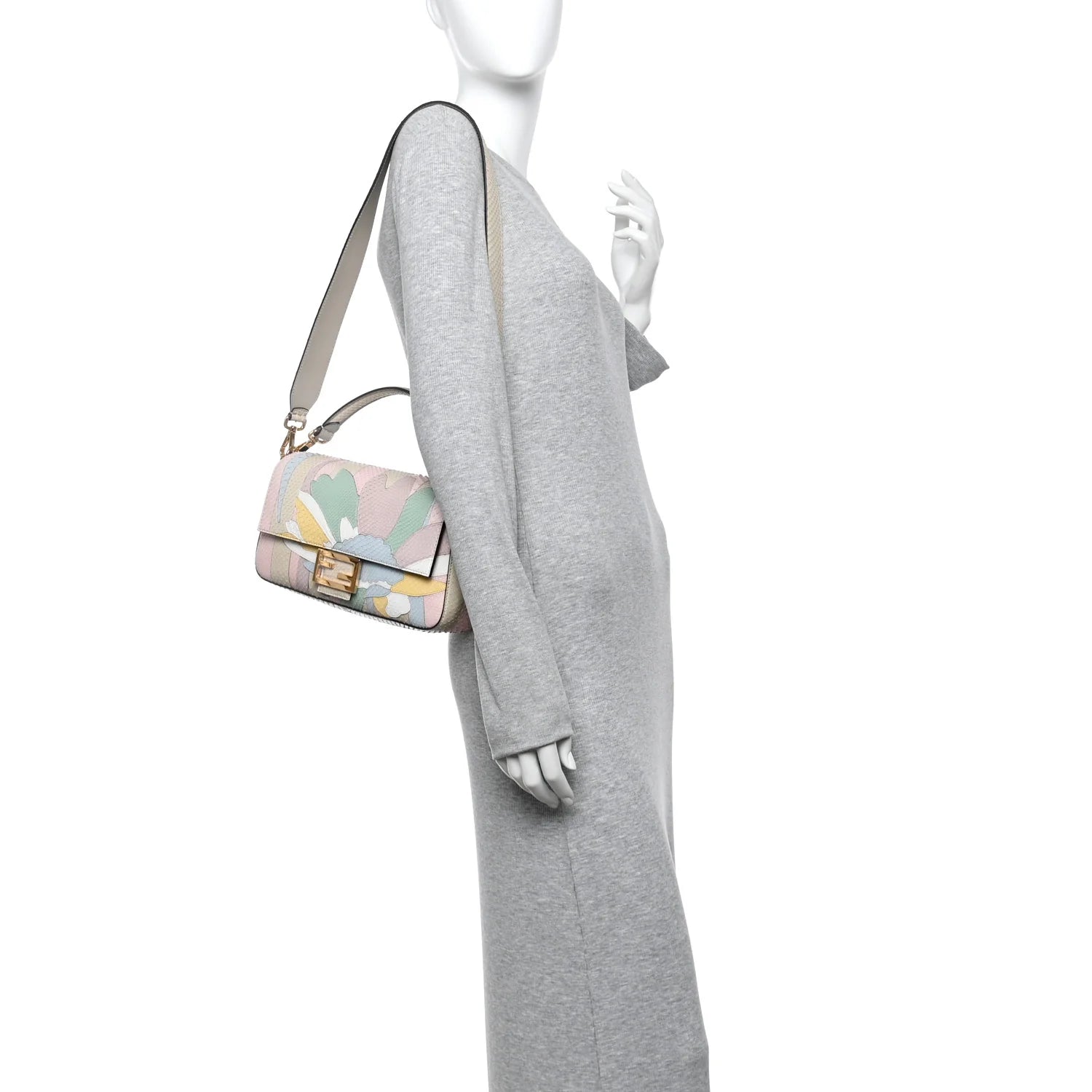 Snakeskin Floral Stitched Baguette Latte Multicolor