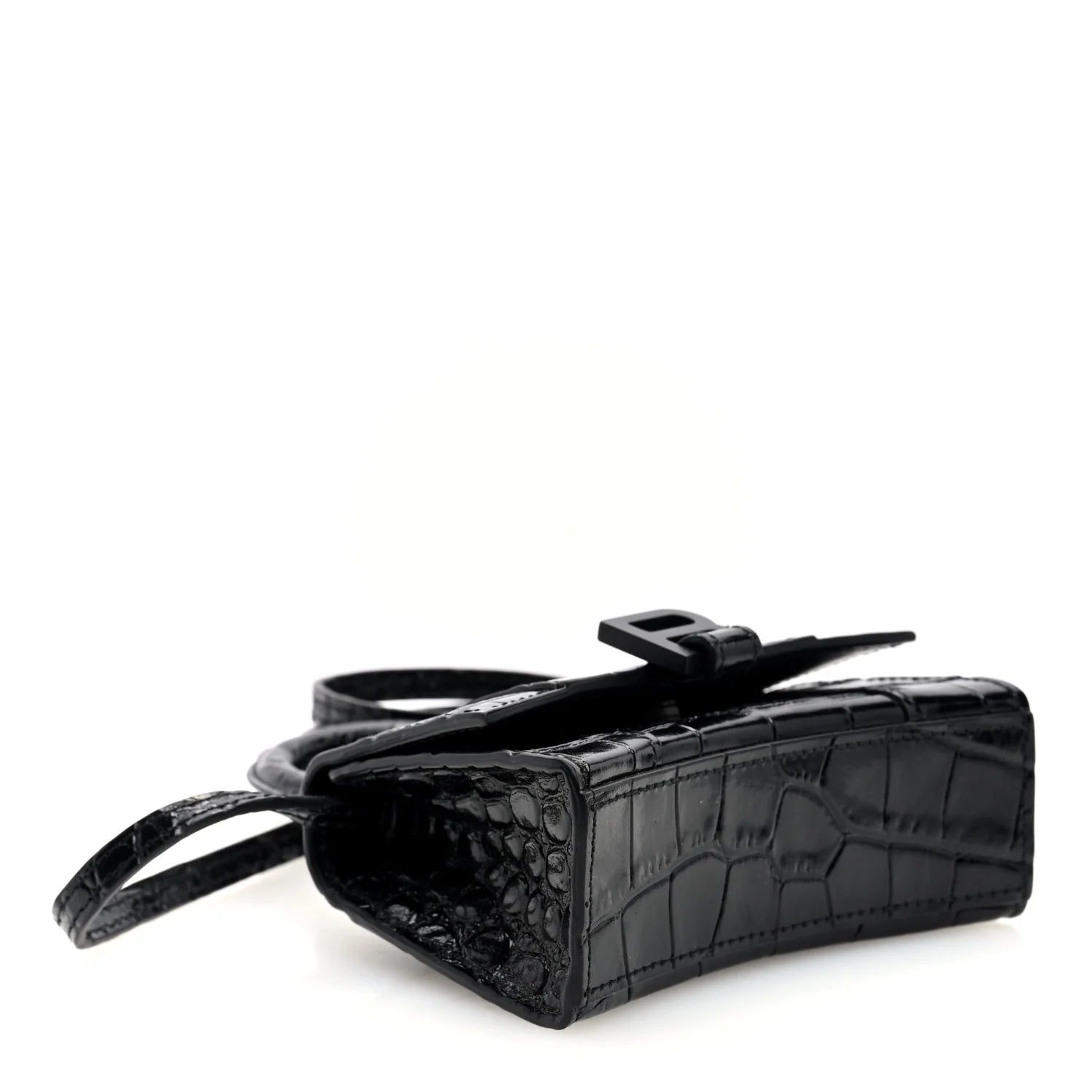 Shiny Calfskin Monochrome Crocodile Embossed Hourglass Top Handle Bag Mini Black