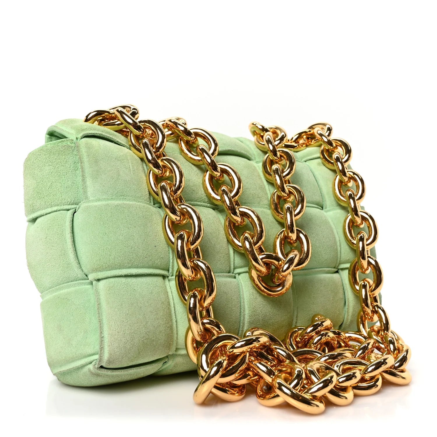 Suede Maxi Intrecciato Padded Chain Cassette Crossbody Bag Wasabi