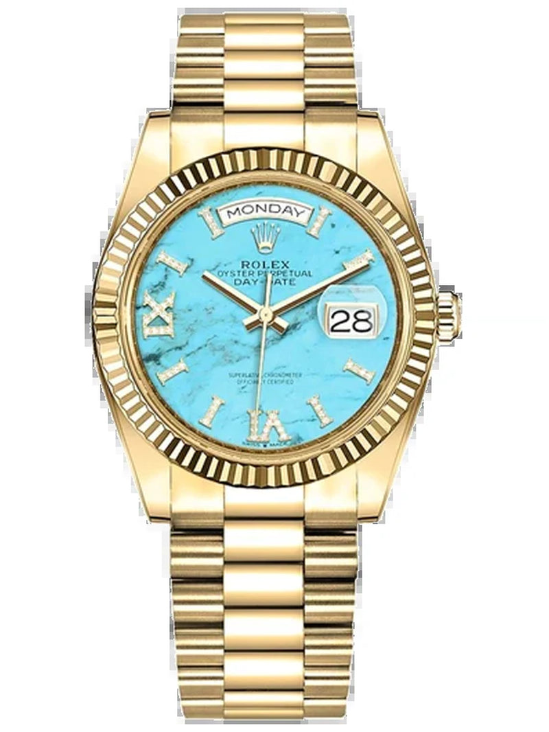 Rolex Yellow Gold Day-Date 36 - Fluted Bezel - Turquoise Dial - President Bracelet 128238-0071