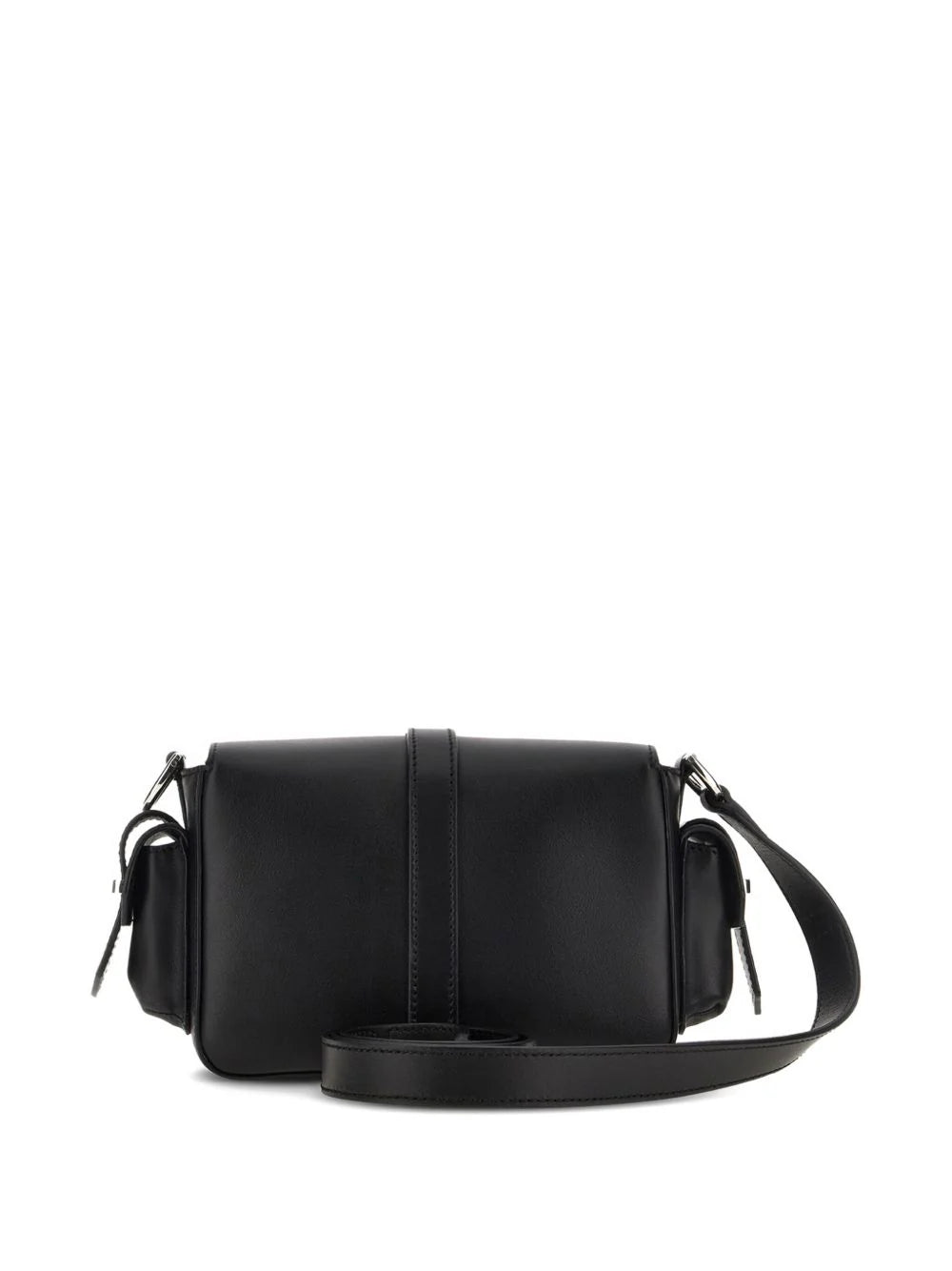 SMALL FLAP BAG in LEATHER, BLACK COLOR, VERSATILE SHOULDER STRAP, SEMI-HIDDEN FRONT POCKET and SIDE POCKETS with FLAPS and STRAPS.