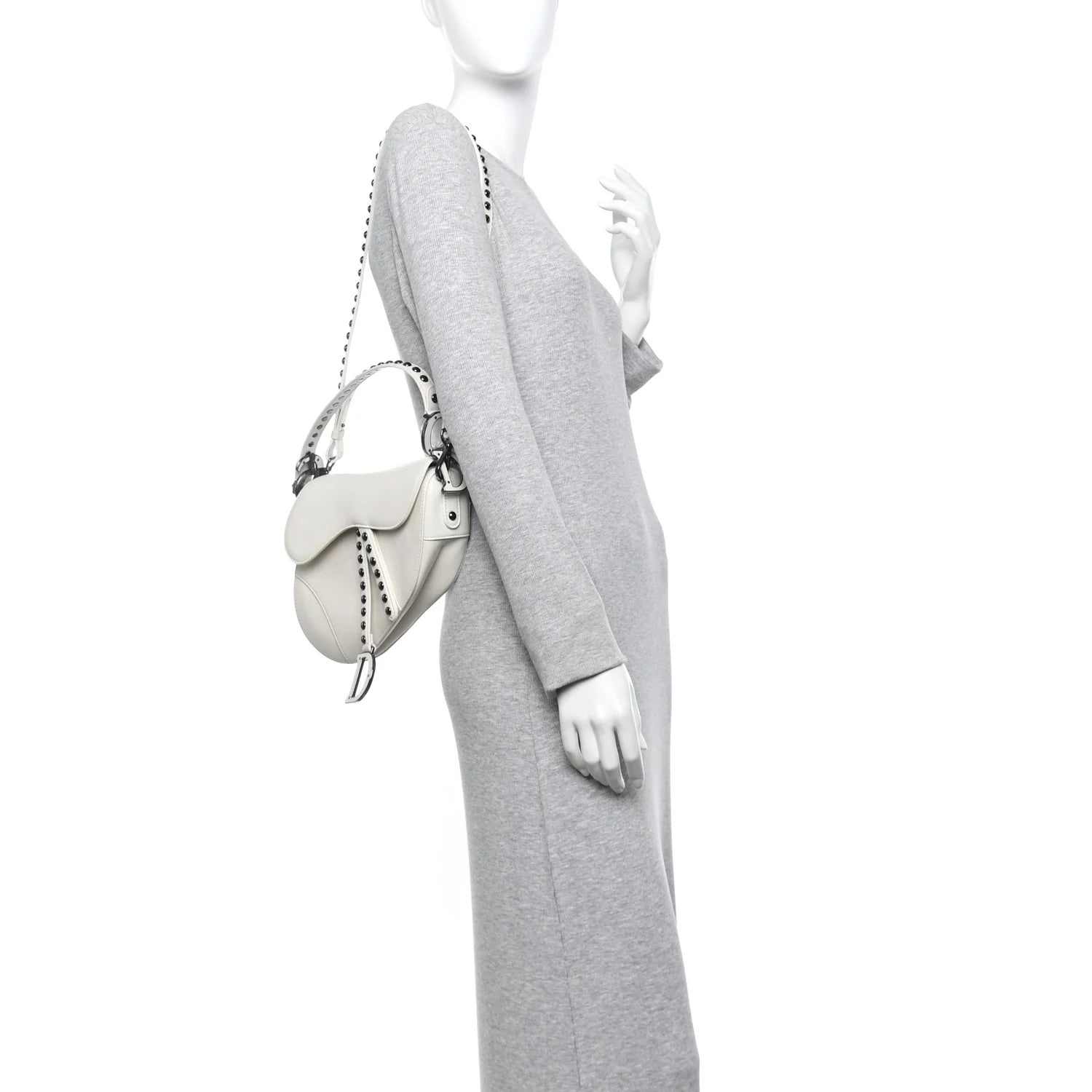 Crinkled Patent Lambskin Studded Saddle Bag with Strap Latte