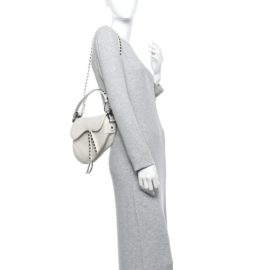 Crinkled Patent Lambskin Studded Saddle Bag with Strap Latte