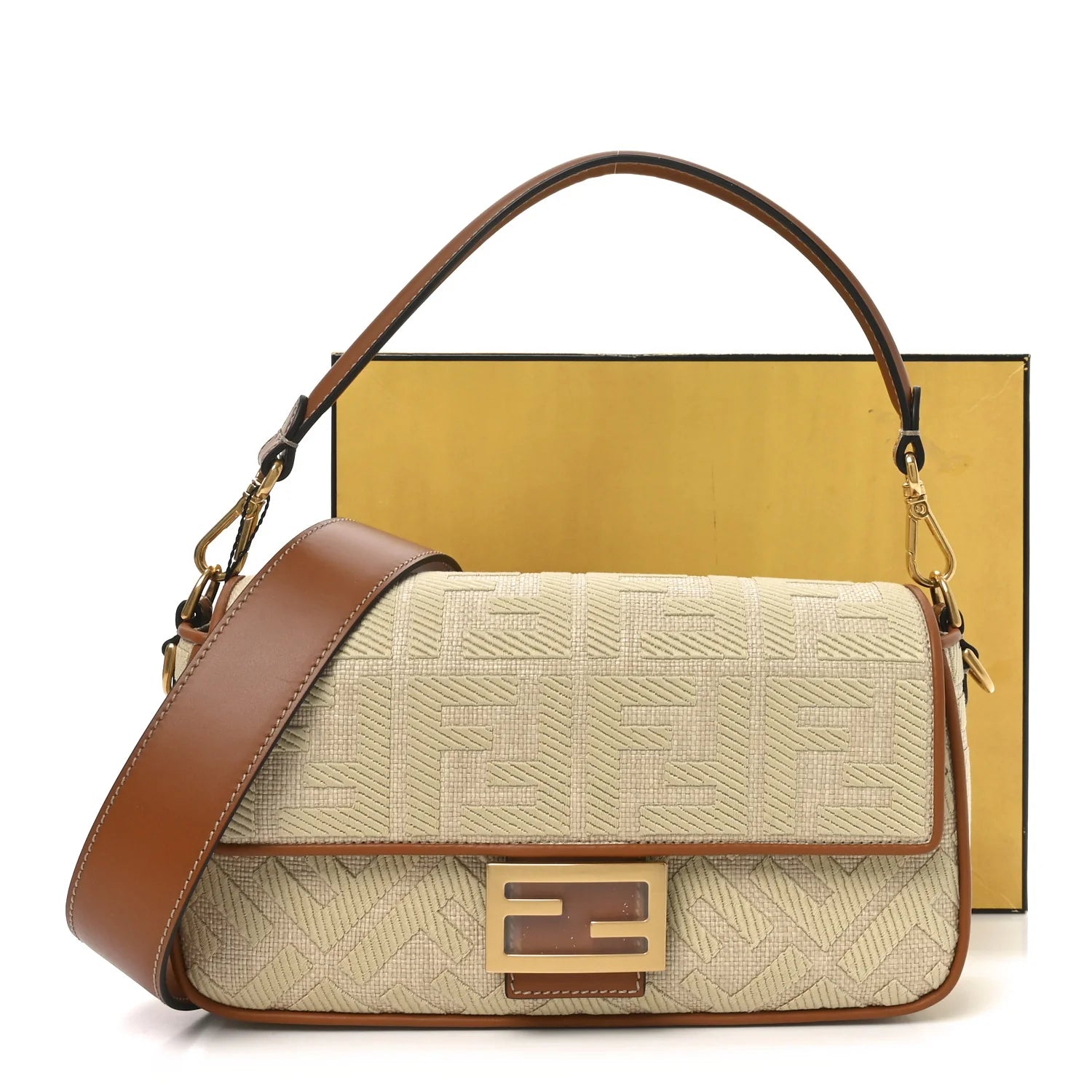 Raffia Vitello King Lucido FF Embroidered Baguette Alchemy Brandy