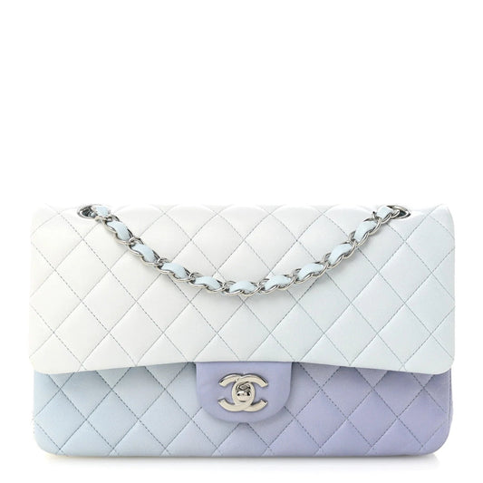 Perforated Lambskin Quilted Medium Double Flap Light Blue Light Purple White