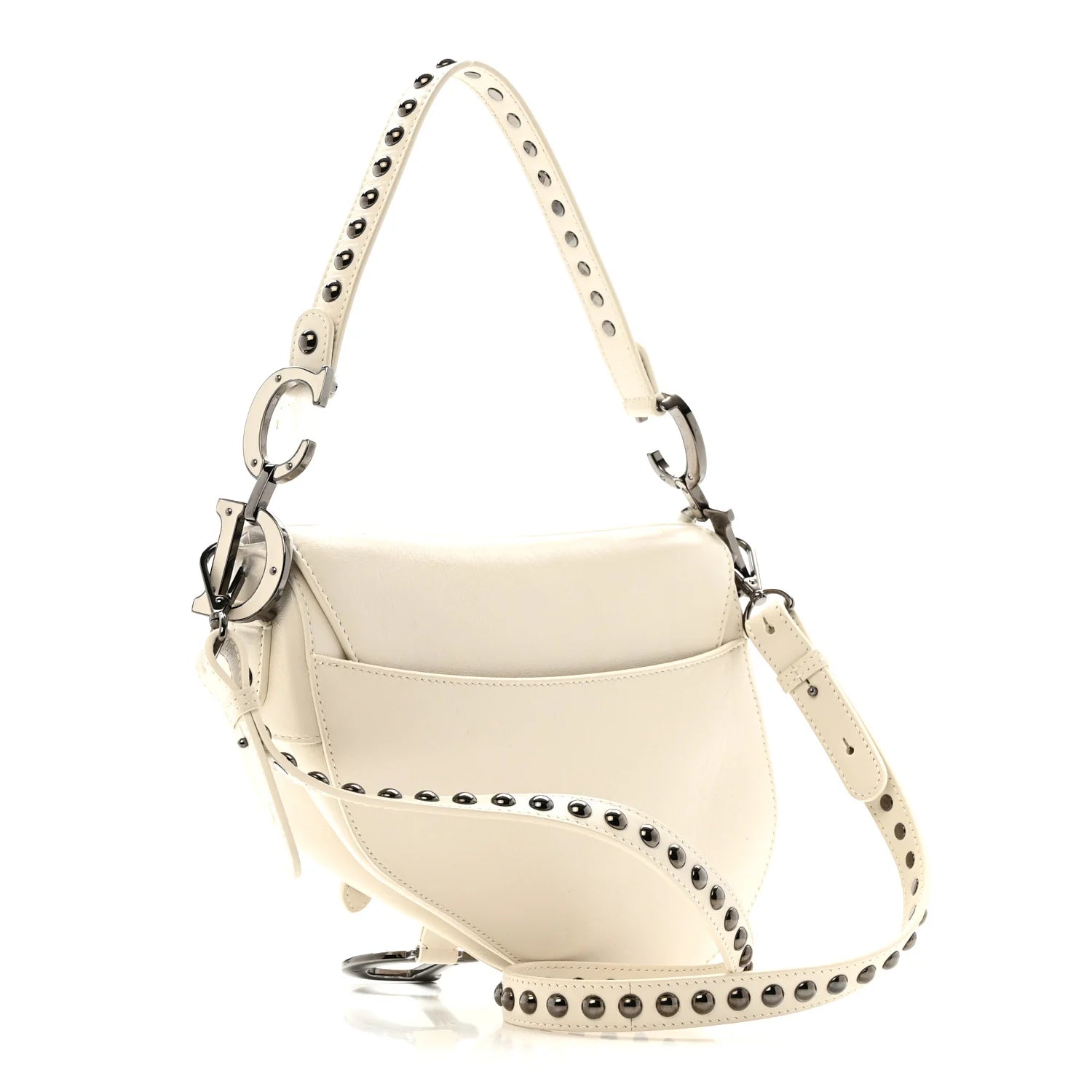 Crinkled Patent Lambskin Studded Saddle Bag with Strap Latte