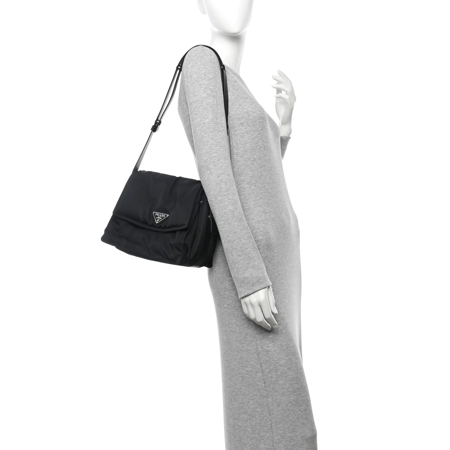 Re-Nylon Vitello Padded Large Flap Shoulder Bag Black