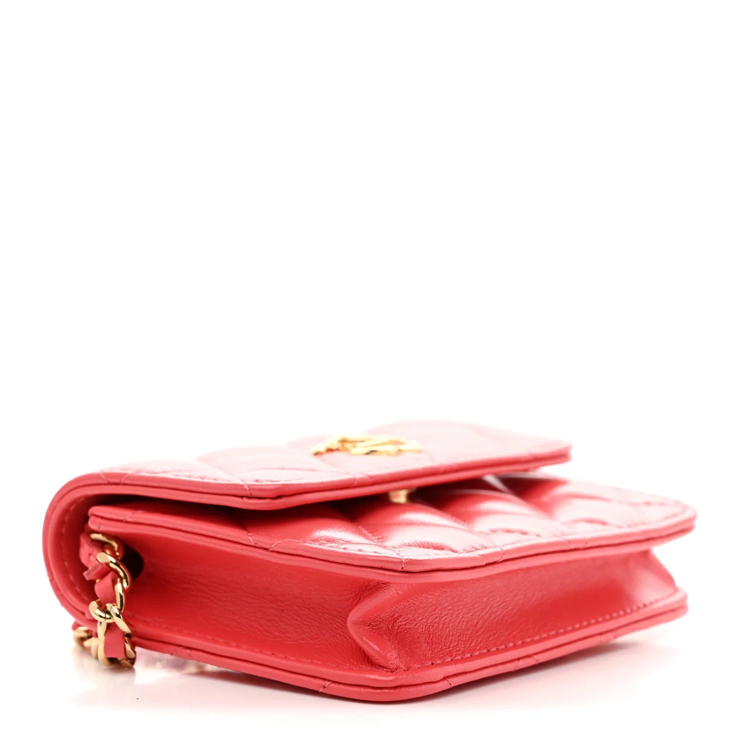 Shiny Lambskin Quilted Card Holder on Chain Pink