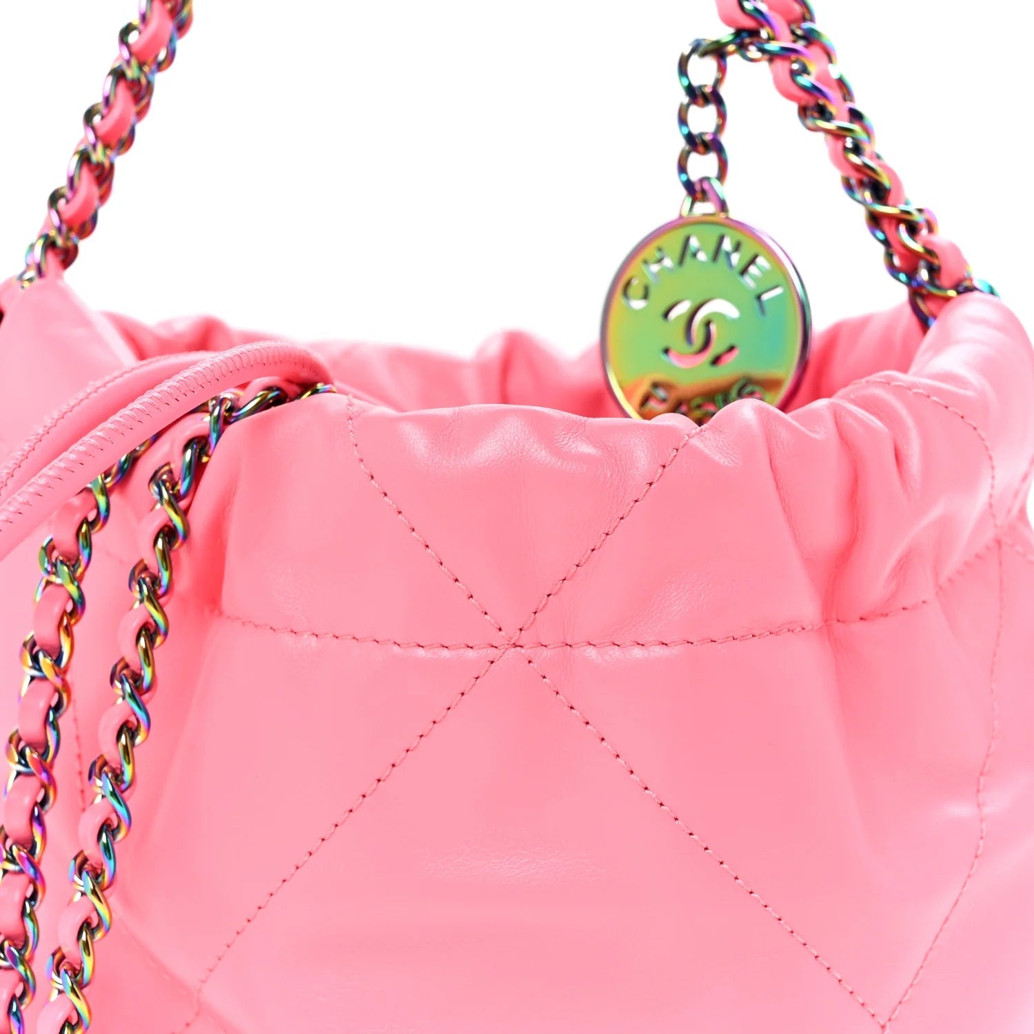 Shiny Calfskin Quilted Rainbow Metal Mini  22 Coral Pink