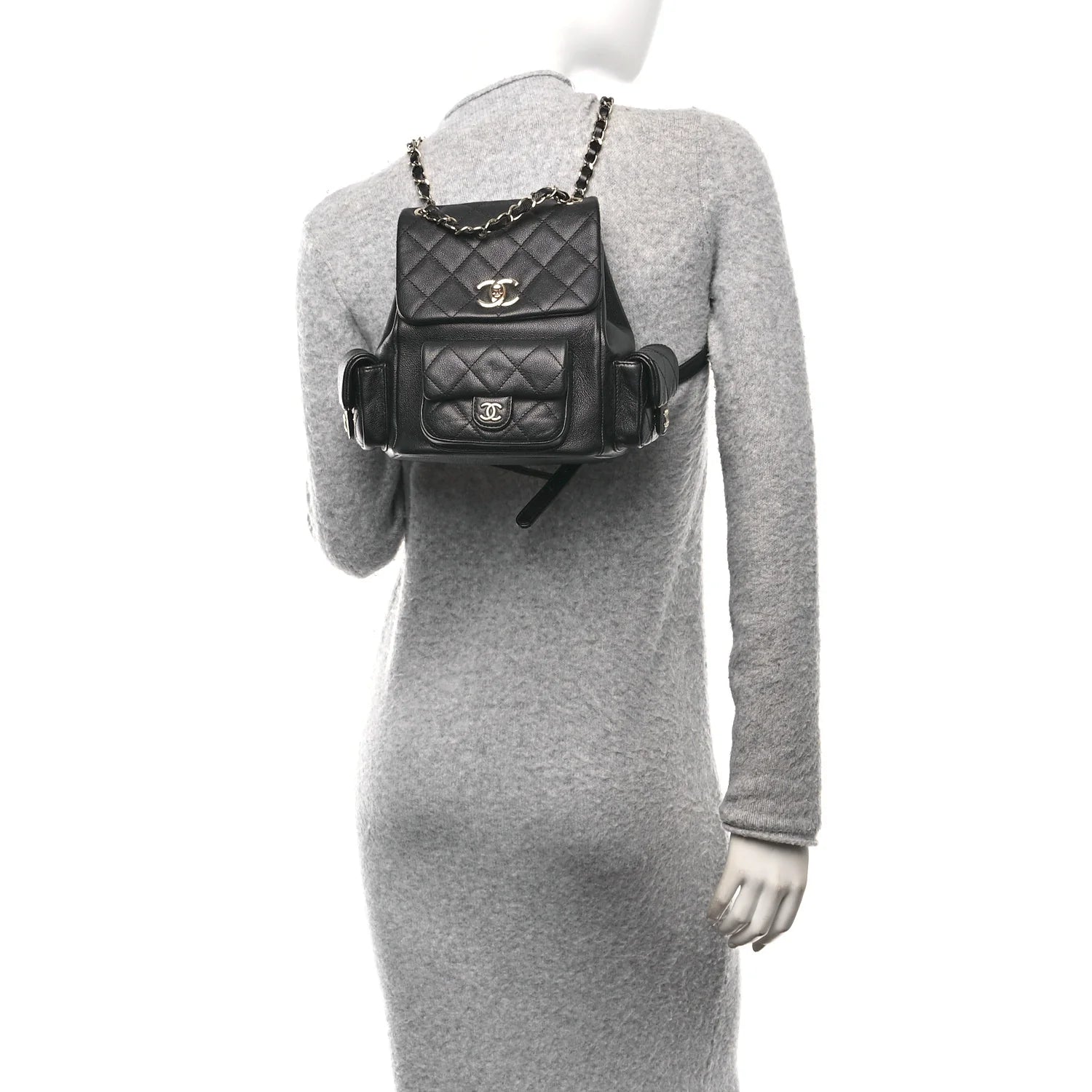 Shiny Caviar Quilted Small Pockets Drawstring Backpack Black