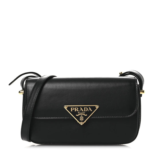 Soft Calfskin Metal Triangle Logo Flap Shoulder Bag Black