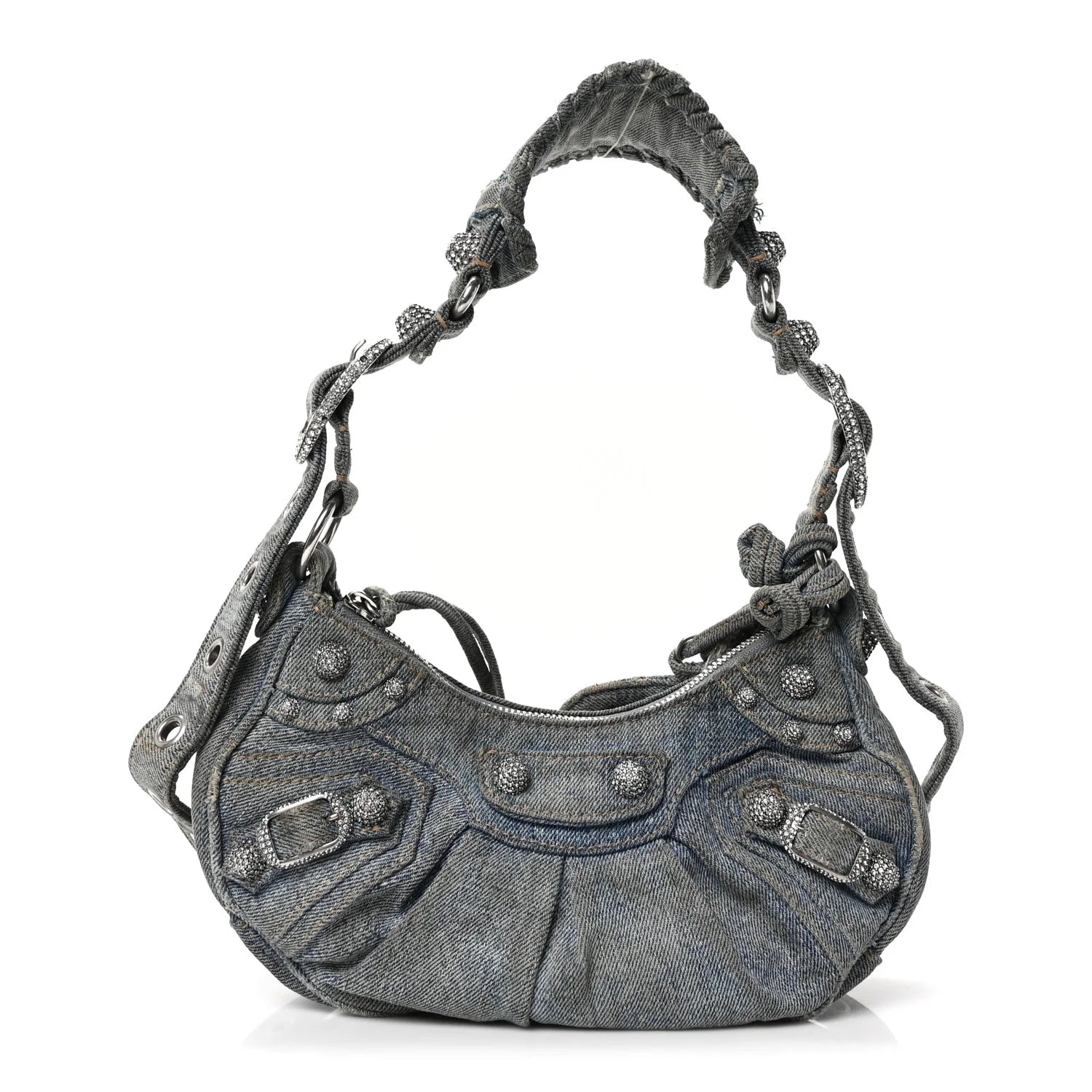 Washed Frayed Denim Crystal Le Cagole Shoulder Bag XS Blue