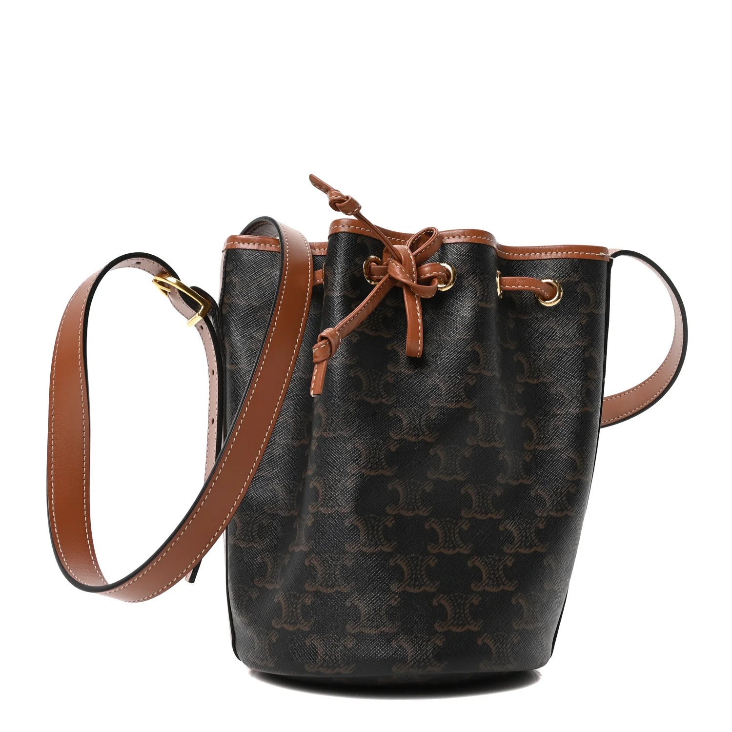 Triomphe Canvas Calfskin Small Drawstring Bucket Bag Tan