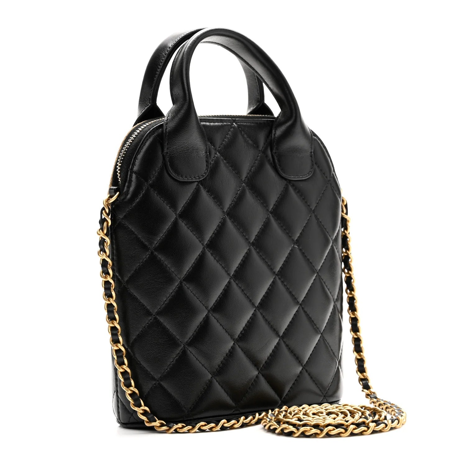 Suede Shiny Lambskin Quilted Top Handle Clutch with Chain Black Beige