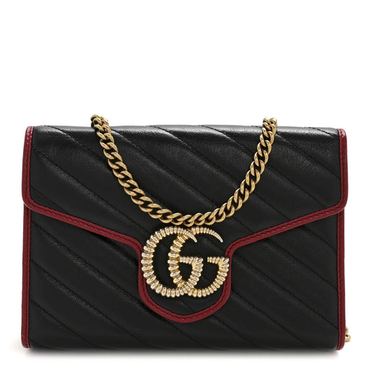 Vintage Effect Calfskin Matelasse Diagonal Torchon GG Marmont Chain Wallet Black Romantic Cherry
