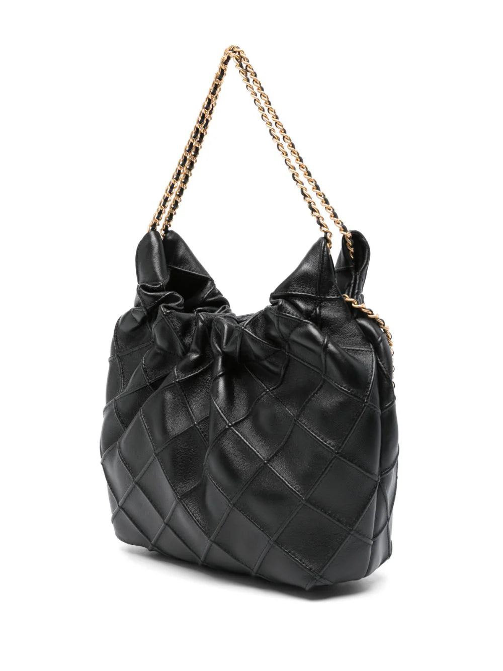 MADE from SOFT LEATHER, the FLEMING DRAWSTRING BAG IS FINISHED with DIAMOND-PATTERNED BRACES and a CHAIN and WOVEN LEATHER SHOULDER STRAP.HEIGHT: 22 CM; LENGTH: 18 CM; DEPTH: 7 CM
