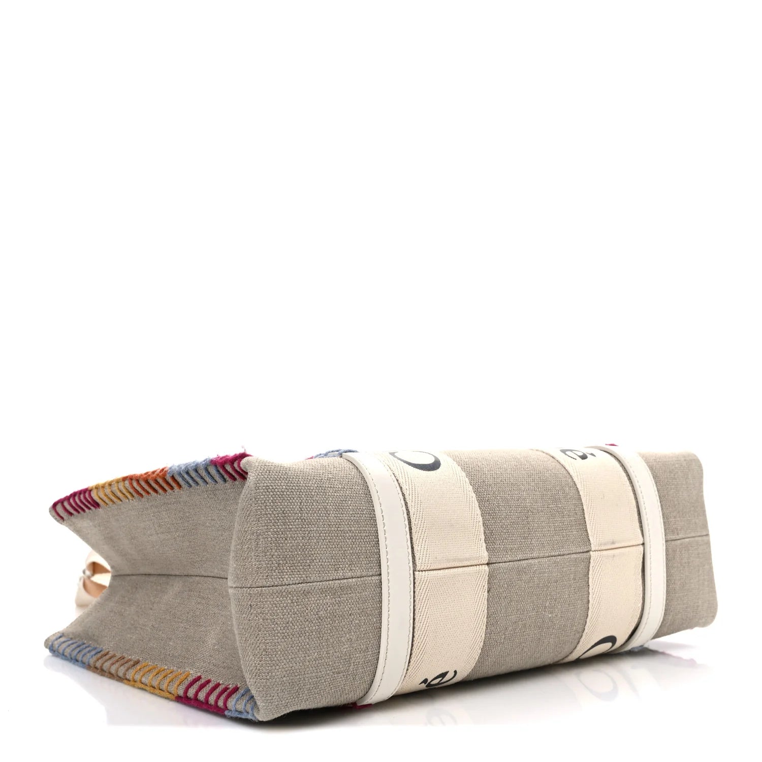Linen Canvas Calfskin Blanket Stitched Medium Woody Ribbon Tote White Multicolor