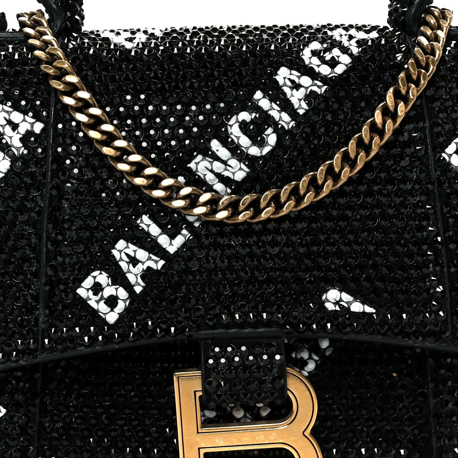 Strass Suede Allover Logo Hourglass Top Handle Bag XS with Chain Black White