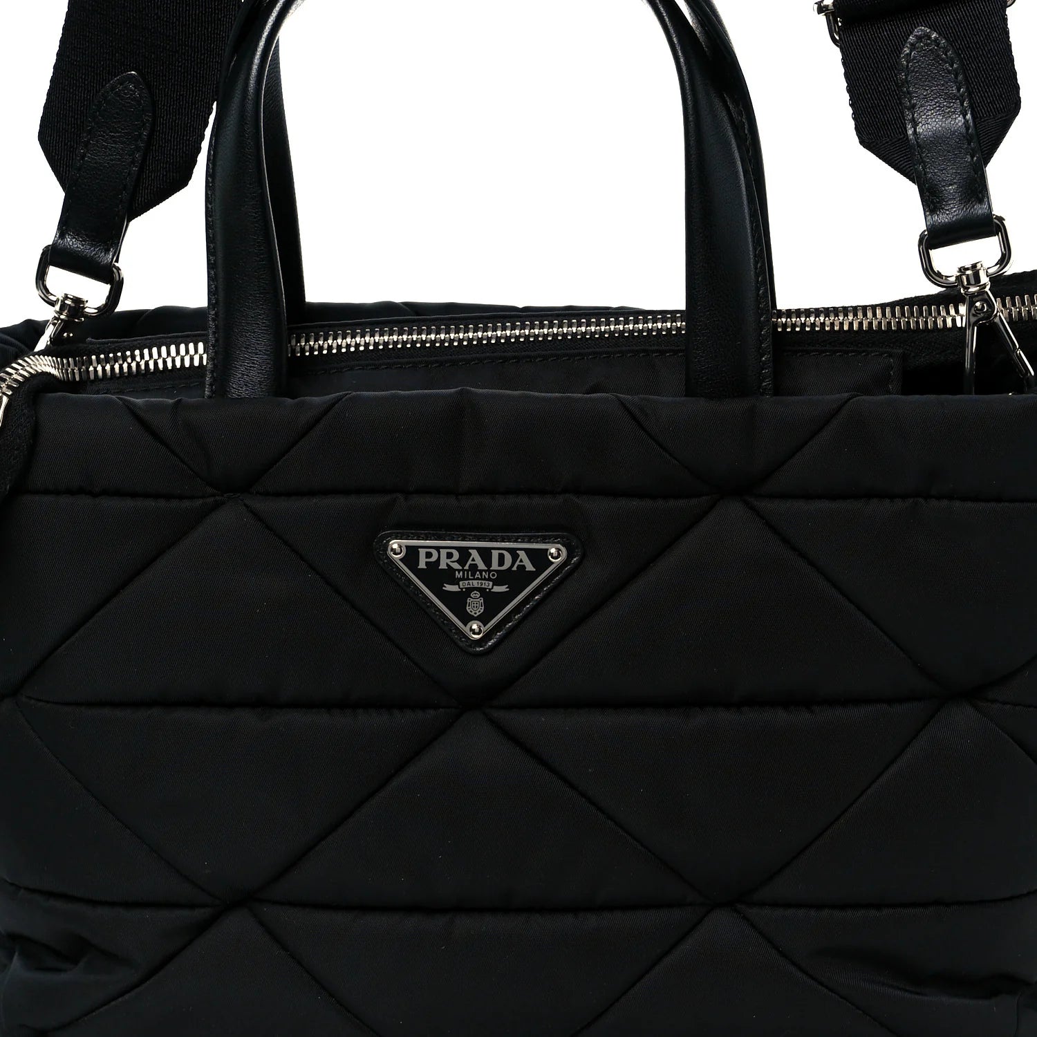 Re-Nylon Nappa Triangle Quilted Padded Double Handled Zip Pocket Tote Black