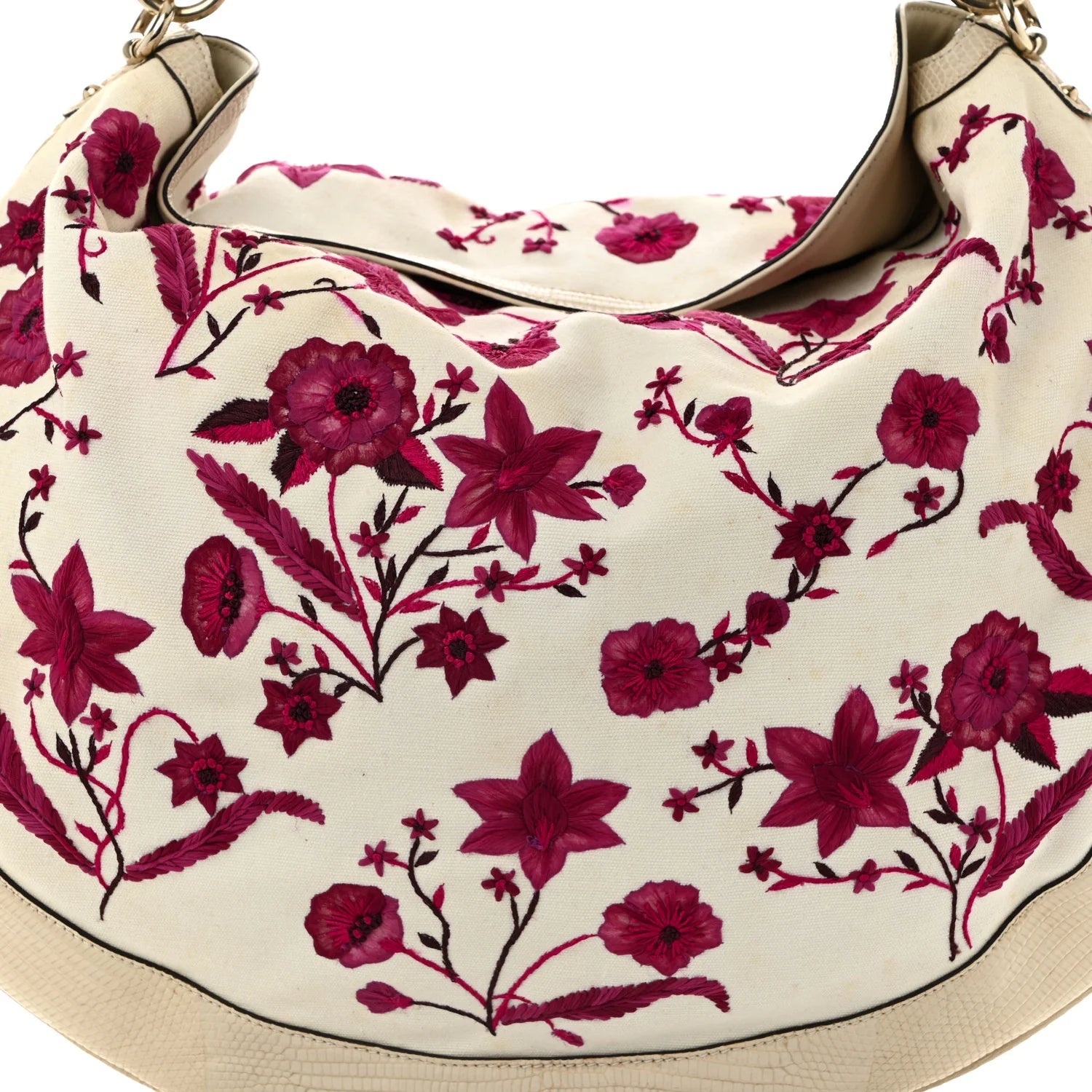 Lizard Canvas Embroidered Peggy Bamboo Top Handle Hobo White Pink