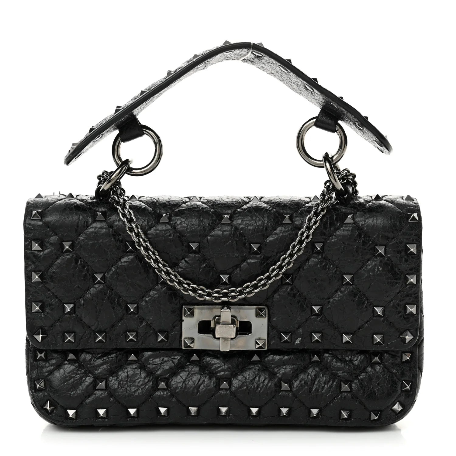 Craquele Nappa Small Rockstud Spike Shoulder Bag Black