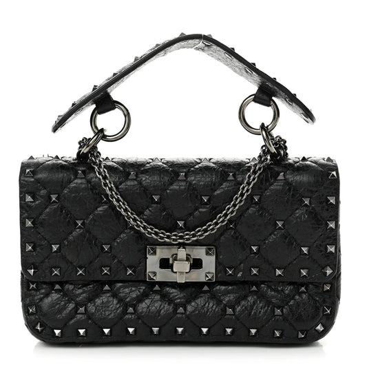 Craquele Nappa Small Rockstud Spike Shoulder Bag Black