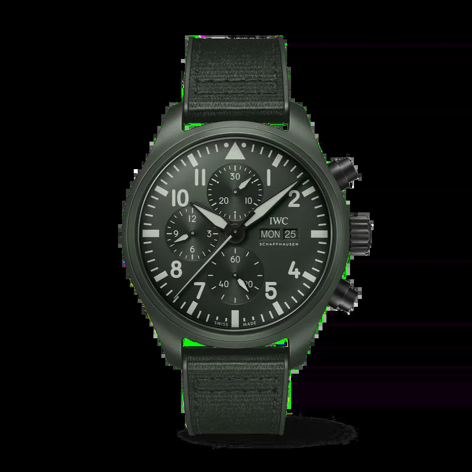 Unworn  Pilot’S Watch Chronograph TOP GUN Edition “Woodland”, Ceramic, Black DLC Titanium, 44,5Mm, Ref# IW389106, Box and Papers