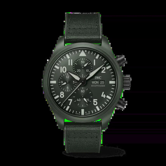 Unworn  Pilot’S Watch Chronograph TOP GUN Edition “Woodland”, Ceramic, Black DLC Titanium, 44,5Mm, Ref# IW389106, Box and Papers