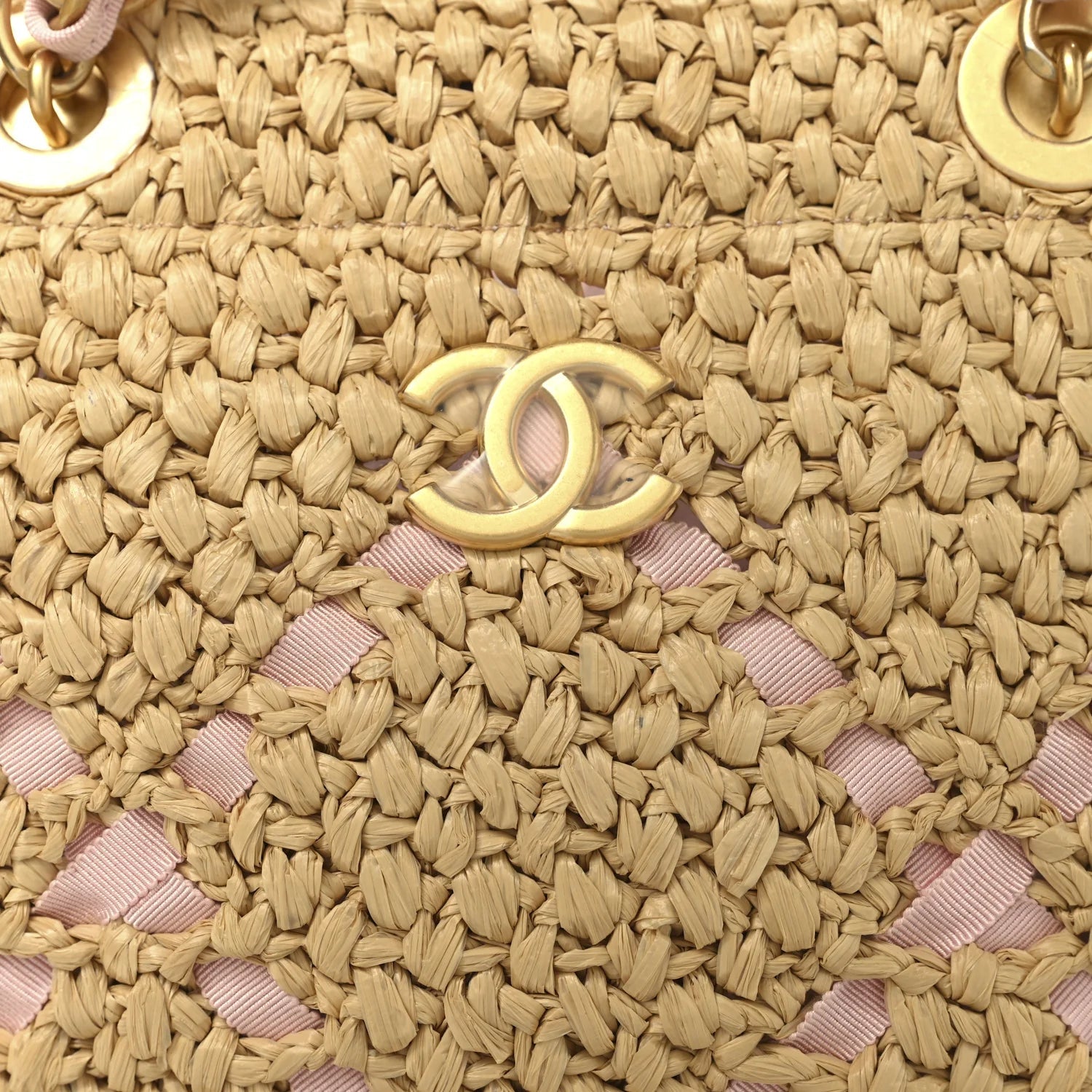 Raffia Braided Grosgrain Ribbon Small Shopping Bag Beige Light Pink