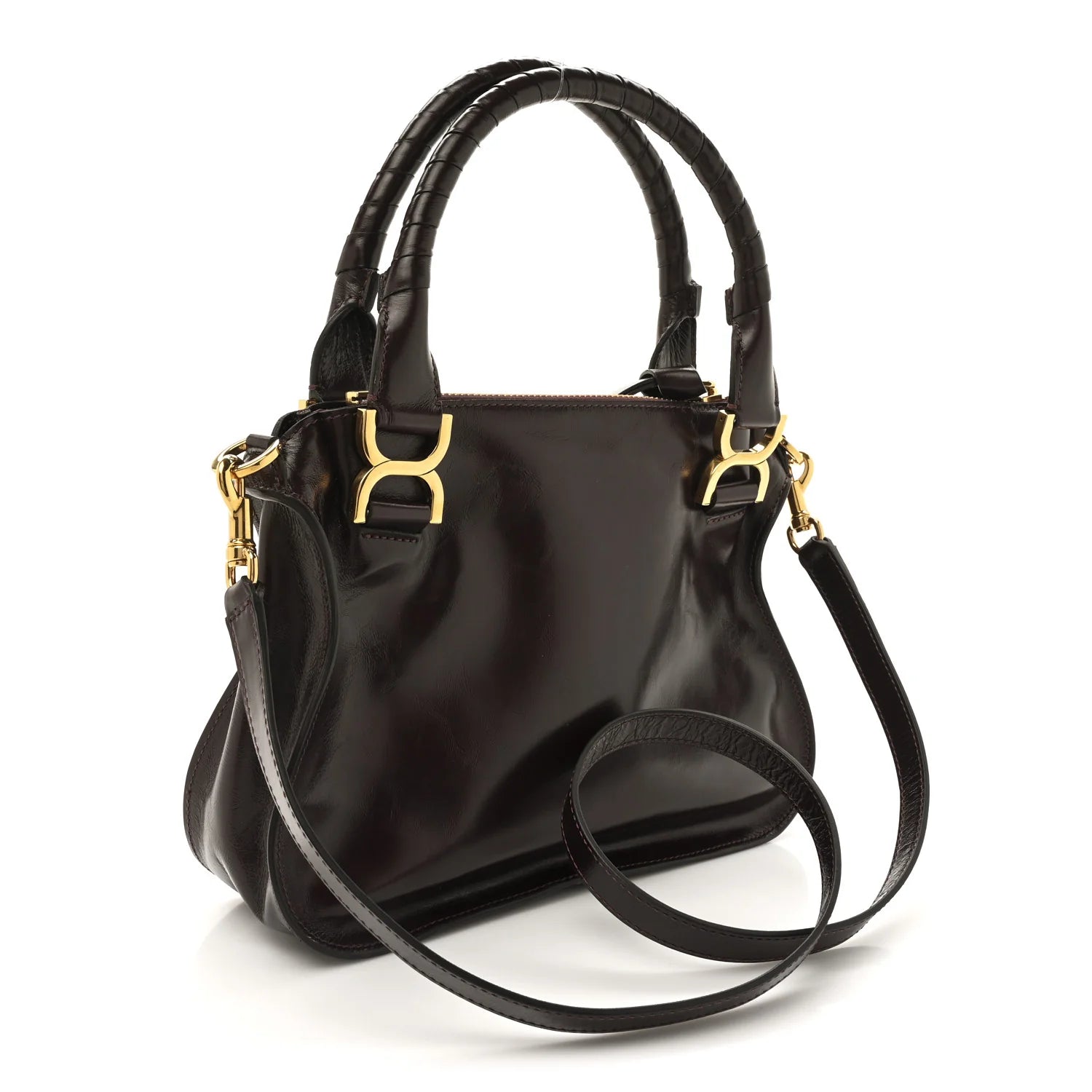 Shiny Calfskin Small Marcie Satchel Auburn Red