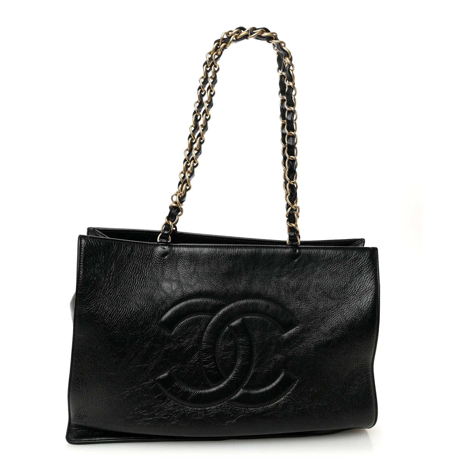 Shiny Aged Calfskin Shopping Bag Black