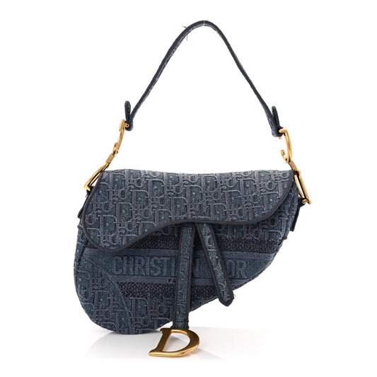 Oblique Embroidered Saddle Bag Denim Blue
